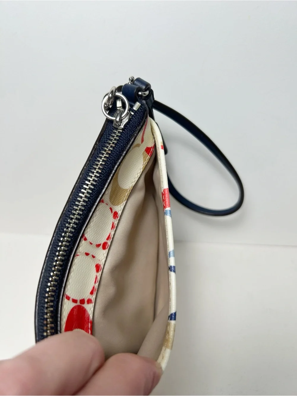 Coach Bleecker Signature C Print Wristlet in Red, Navy, Beige with Hang Tag, EUC